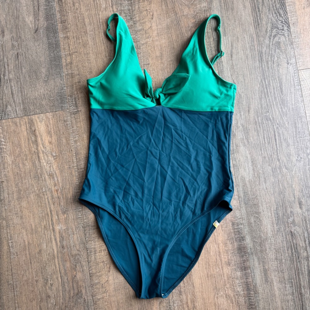 Summersalt Jetsetter One‎ Piece Swimsuit Green Teal Colorblock Tie Front Size 8
